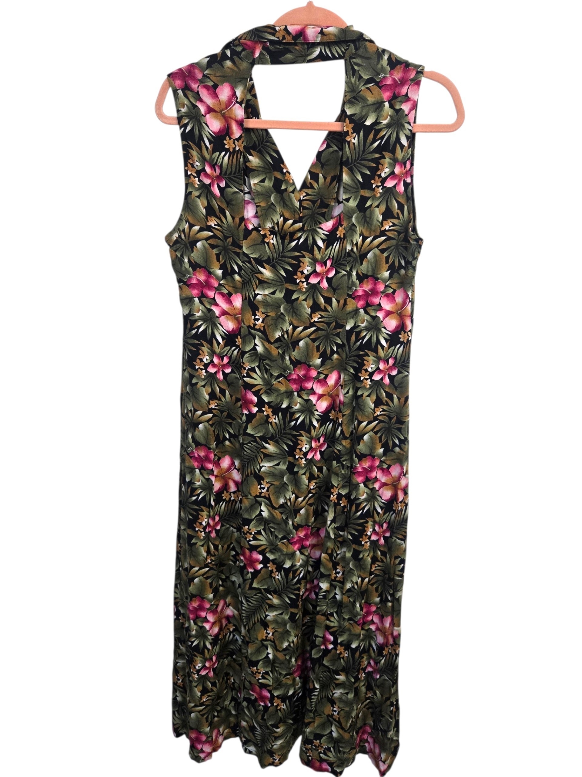 Sleeveless Tropical Floral Maxi Dress In Green And Pink